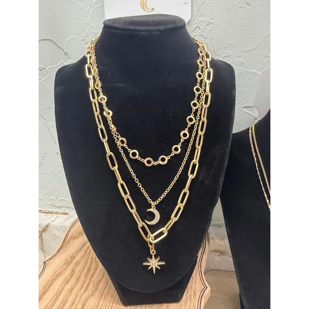 Layered Gold Tone Necklaces Celestial Moon Star Hamsa Hand‎ Hypoallergenic Set